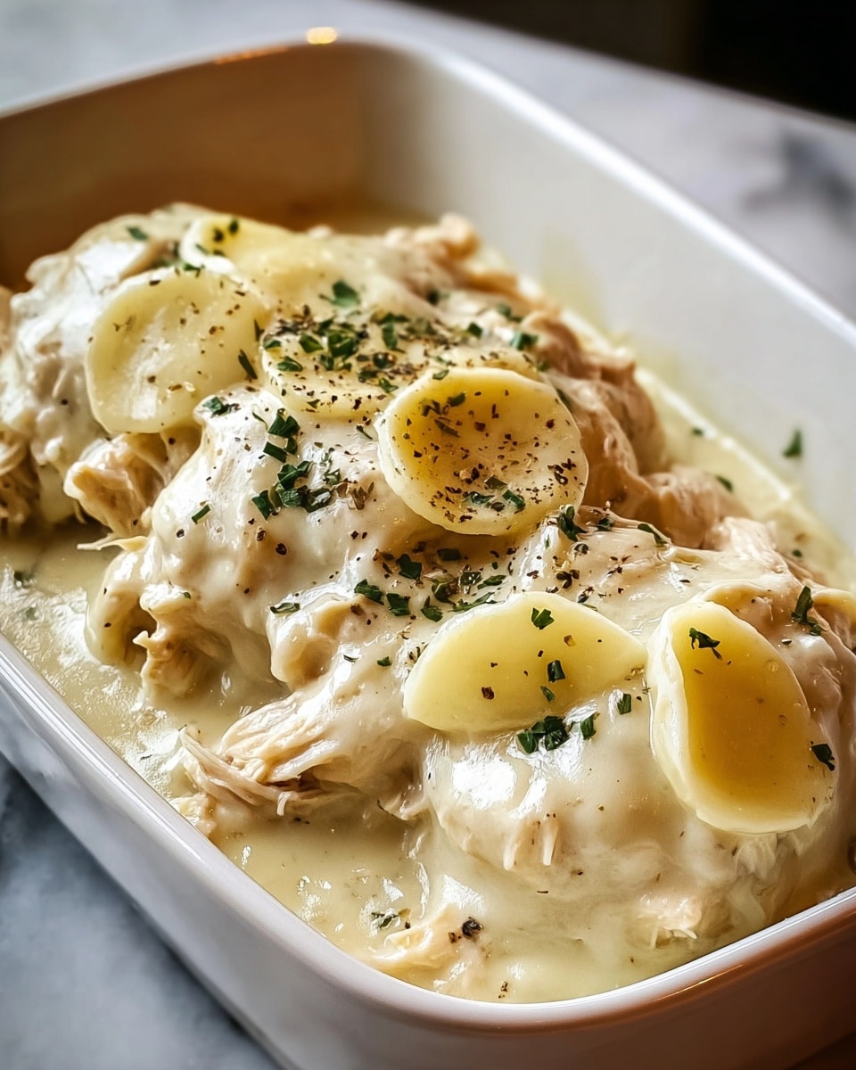 The dish is served in a white rectangular ceramic dish, filled with a creamy white sauce that covers several pieces of soft, shredded chicken. On top of the chicken, there are several smooth, round slices of melted pale yellow cheese. The sauce has a glossy texture and is lightly sprinkled with small green herb bits and black pepper, giving a touch of color contrast. The dish sits on a white marbled surface, adding a clean and bright background to the warm, rich meal. Photo taken with an iphone --ar 4:5 --v 7