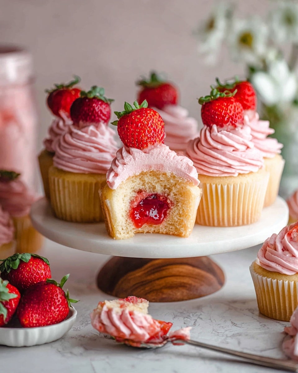 A group of yellow vanilla cupcakes with a pink creamy frosting swirl on top, each topped with a small red strawberry with green leaves. One cupcake at the front has a bite taken out, showing a red strawberry jam filling inside its soft yellow cake. The cupcakes sit on a white round cake stand placed on a wooden board over a white marbled surface. In front, there is a white dish filled with fresh strawberries and a silver spoon holding some pink frosting and strawberry filling. Soft-focus flowers and jars with pink cream are in the background. photo taken with an iphone --ar 4:5 --v 7