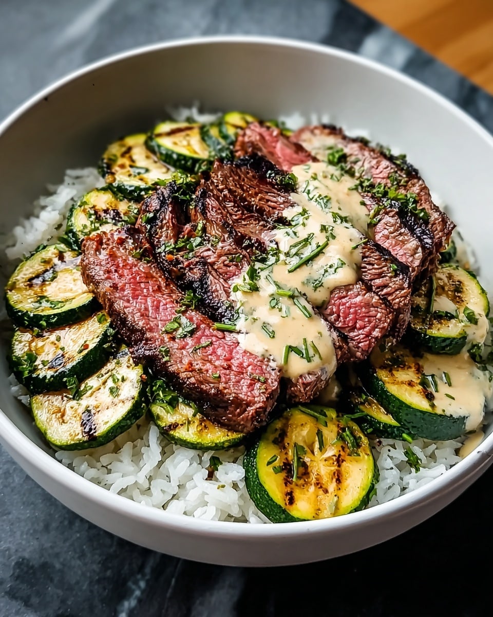 A white bowl is filled with three main layers: the bottom layer is soft white rice with separate grains, the middle layer is grilled zucchini slices with dark brown grill marks and a mix of green and yellow colors, and the top layer features medium-rare steak slices showing a pink center with a dark charred crust, drizzled with a creamy light yellow sauce speckled with green herbs, all set against a white marbled surface. photo taken with an iphone --ar 4:5 --v 7