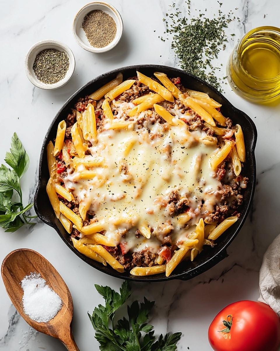 A black skillet holds a three-layer pasta dish placed on a white marbled texture. The bottom layer is cooked ground meat mixed with small pieces of red tomato, giving a hearty and textured base. On top of that lies a layer of yellowish cooked penne pasta, arranged loosely around the edges, visible through the cheese. The top layer is melted, light golden cheese that covers the center in a smooth, slightly bubbly texture. Around the skillet, there are green fresh herbs, a bowl with coarse black and white spices, a small glass with golden oil, a wooden spoon with white salt, and a part of a white plate with cheese slices. photo taken with an iphone --ar 4:5 --v 7