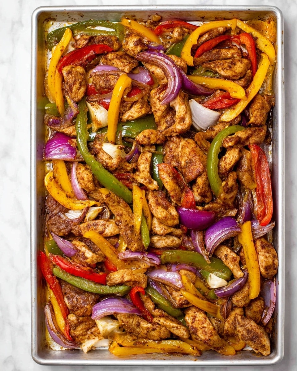 The image shows a metal baking tray filled with cooked chicken pieces mixed with red, yellow, and green sliced bell peppers and red onion strips. The chicken is browned and seasoned, while the vegetables are soft and slightly charred, creating a colorful and textured mix. On the lower right corner of the tray, there are four small white tortillas stacked, slightly overlapping. The tray is placed on a white marbled surface. photo taken with an iphone --ar 4:5 --v 7