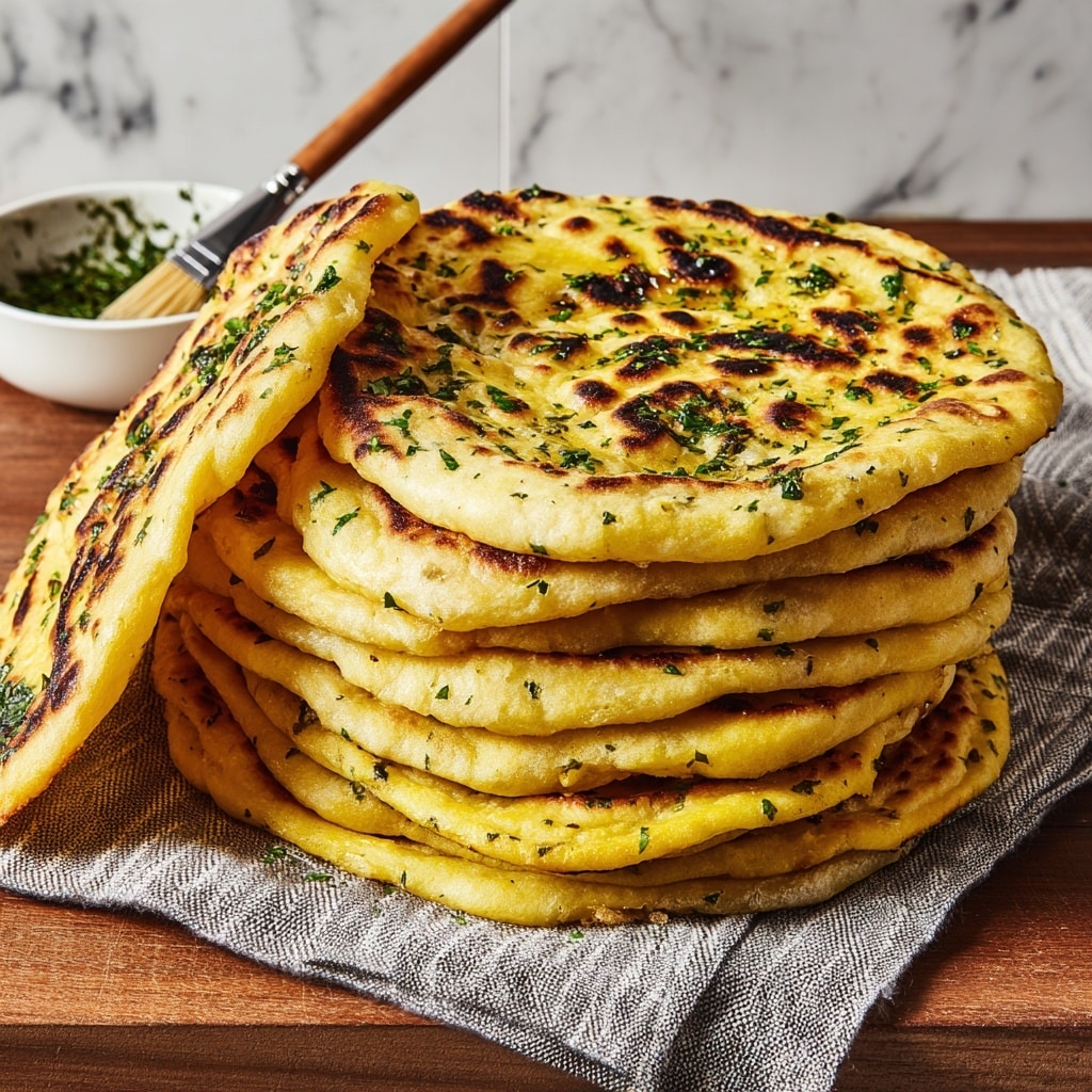 A white plate holds a stack of four round flatbreads with golden-yellow color, speckled with small green herb bits and charred dark brown spots. A woman's hand lifts the top flatbread, showing its soft and slightly thick texture with the browned side facing out. The flatbreads look fluffy and uneven in thickness, with a rough surface and a few crispy edges. A piece of a broken flatbread with similar color and charring lies in front, and fresh parsley leaves sit nearby on a white marbled surface. A wooden board with extra flatbreads and a white bowl peek in the blurred background. photo taken with an iphone --ar 4:5 --v 7