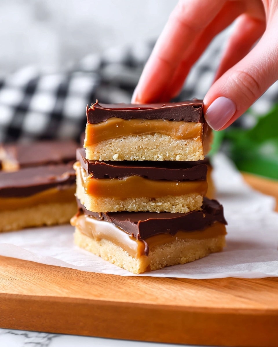 The image shows a close-up of a stack of three dessert bars held by a woman's hand. Each bar has three layers: the bottom layer is a light beige crumbly crust, the middle layer is a smooth, golden caramel, and the top layer is a shiny dark chocolate sheet. The dessert bars are rectangular and placed on a white parchment paper on a wooden board. In the background, there is a blurred checkered cloth and some green leaves, all set against a white marbled texture. photo taken with an iphone --ar 4:5 --v 7