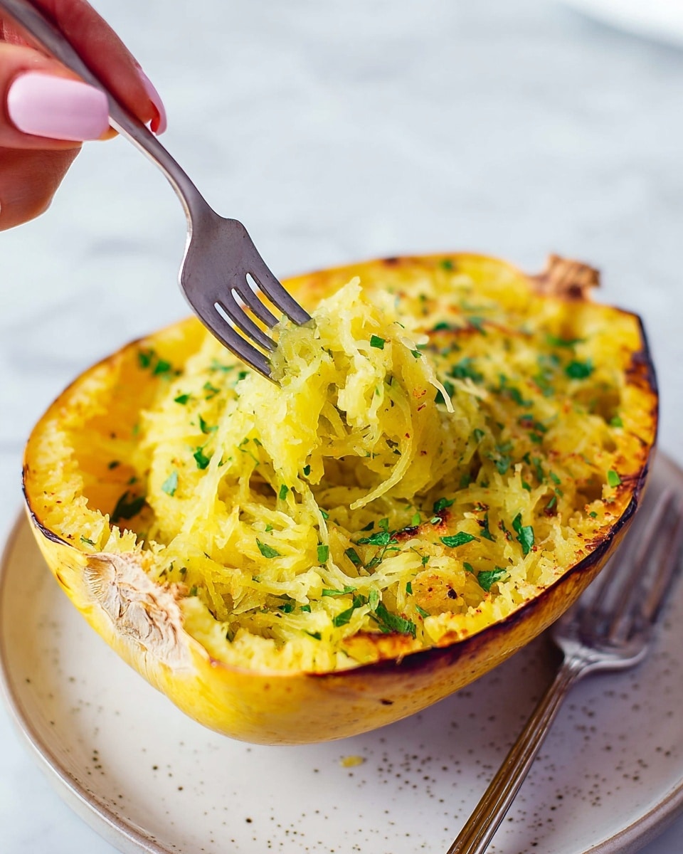 Two halves of baked spaghetti squash are placed side by side in a white baking tray lined with crumpled parchment paper. Each half is filled with a golden-yellow mixture that looks soft and slightly creamy, with small green herb pieces sprinkled evenly on top. The edges of the squash shells are browned and slightly charred, giving a contrast of dark brown against the bright yellow filling. The tray sits on a white marbled surface, with a wooden spoon nearby and some coarse salt scattered around. photo taken with an iphone --ar 4:5 --v 7