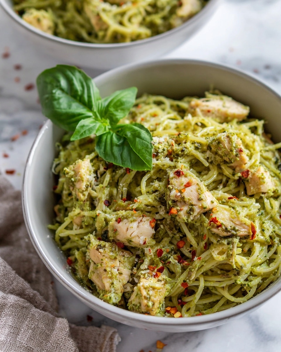 Two white bowls filled with spiralized yellowish noodles mixed with small, light brown chicken pieces, all coated in a thick, green pesto sauce. The noodles have a slightly soft texture, and the green sauce looks creamy with small herb bits throughout. Each bowl is topped with a small fresh green basil leaf and sprinkled with small red chili flakes. One bowl has a silver spoon with a wooden handle resting inside it. The bowls sit on a white marbled surface with scattered fresh basil leaves and a light gray cloth nearby. Photo taken with an iphone --ar 4:5 --v 7