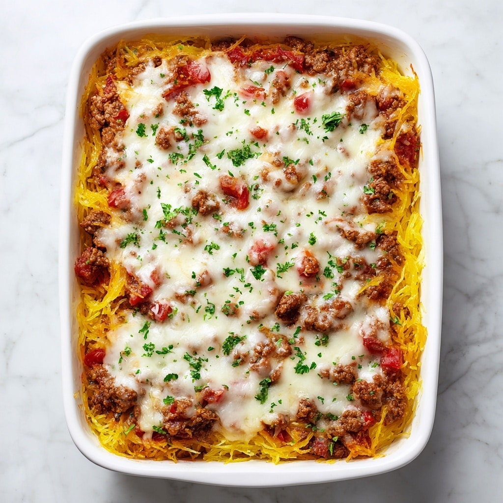 A baked spaghetti squash casserole is shown in a white rectangular dish on a white marbled surface. The dish has multiple layers visible through the baked top: a base of yellow-orange spaghetti squash strands mixed with browned ground meat, scattered chunks of red tomato, and melted creamy white cheese spread unevenly across the top. The edges of the casserole are slightly browned and crispy. Green chopped parsley is sprinkled on top for a fresh touch. photo taken with an iphone --ar 4:5 --v 7