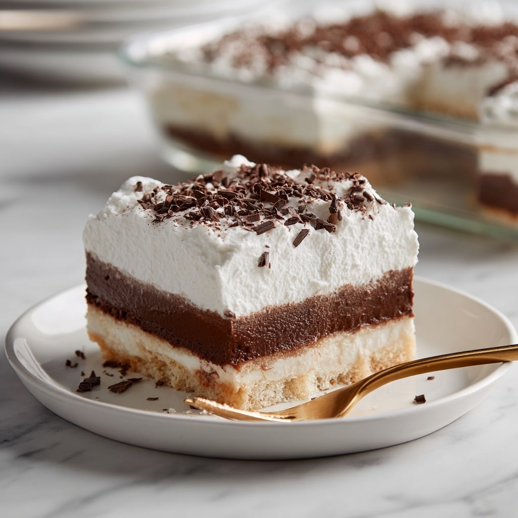 A square dessert with four visible layers sits on a white plate with subtle geometric patterns. The bottom layer is a light beige crust, firm and crumbly. Above it is a creamy white layer, smooth and thick. The third layer is a rich, dark chocolate pudding, glossy and dense. The top layer is fluffy white whipped cream sprinkled with fine dark chocolate shavings. A woman's hand holds a gold fork poised to cut into the dessert against a white marbled textured background. Photo taken with an iphone --ar 4:5 --v 7