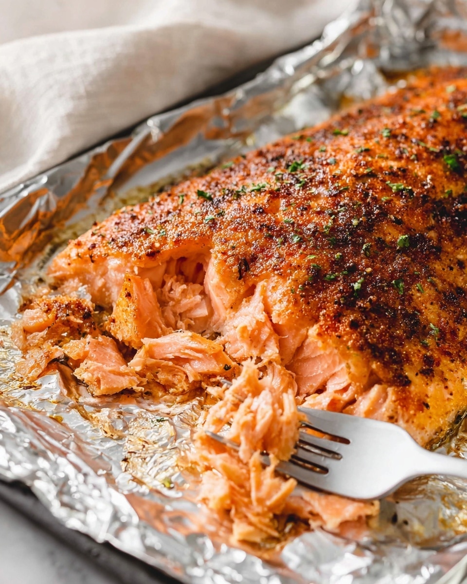 The image shows a close-up of cooked salmon with a slightly crispy, dark orange-brown seasoned crust on top. The salmon flakes reveal a soft, juicy inside in light pink shades with a delicate texture. It lies on a crumpled sheet of shiny foil, placed in a metal tray with a fork on the right side, partly resting on the salmon. The background features a white marbled texture and a soft white cloth. Photo taken with an iphone --ar 4:5 --v 7