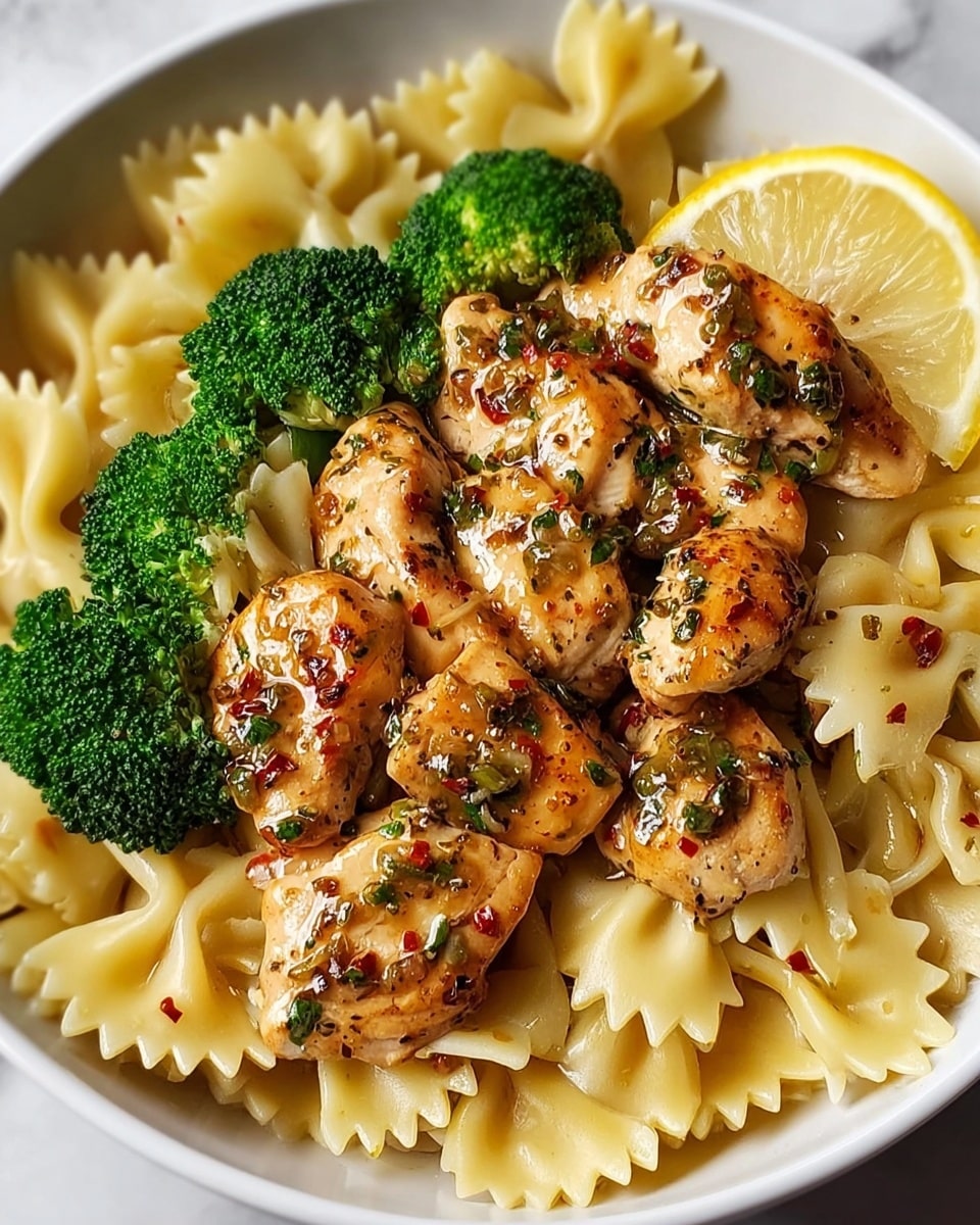 A white plate on a white marbled surface holds a dish with three main layers: the bottom layer is bow tie pasta, pale beige with a glossy texture; scattered on top and around the pasta are vibrant green broccoli florets adding a fresh and firm texture; the top layer features golden-brown grilled chicken pieces coated in a creamy sauce with visible herbs and small bits of red pepper, giving a rich and slightly textured look; a lemon wedge is placed at the back edge of the plate for garnish. photo taken with an iphone --ar 4:5 --v 7