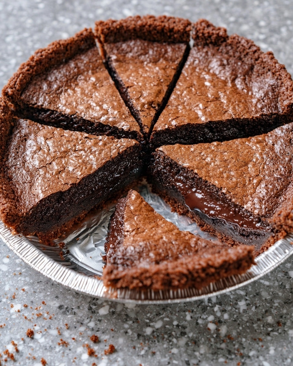 A chocolate dessert cut into eight slices with one slice placed in front of the rest, showing a thick, moist, and gooey dark brown chocolate filling sandwiched between a crackly, slightly rough top layer of lighter brown crust and a firm, thin bottom layer of chocolate cake. The dessert sits inside a round silver foil pie tin on a white marbled textured surface with some crumbs scattered around. photo taken with an iphone --ar 4:5 --v 7