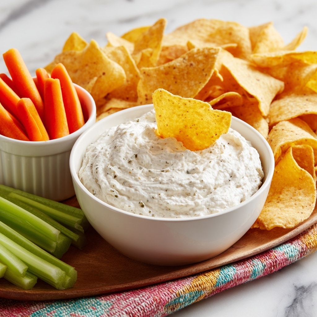 A bowl filled with thick, creamy white dip with small pieces of herbs and spices mixed in, topped with a single curved yellow tortilla chip standing upright in the center. Around the bowl on a white plate, there are light green celery sticks placed horizontally in the middle, and yellow tortilla chips scattered on the right side. In the background, two white small bowls hold orange carrot sticks and more yellow tortilla chips, all set on a colorful striped cloth over a white marbled texture surface. Photo taken with an iphone --ar 4:5 --v 7