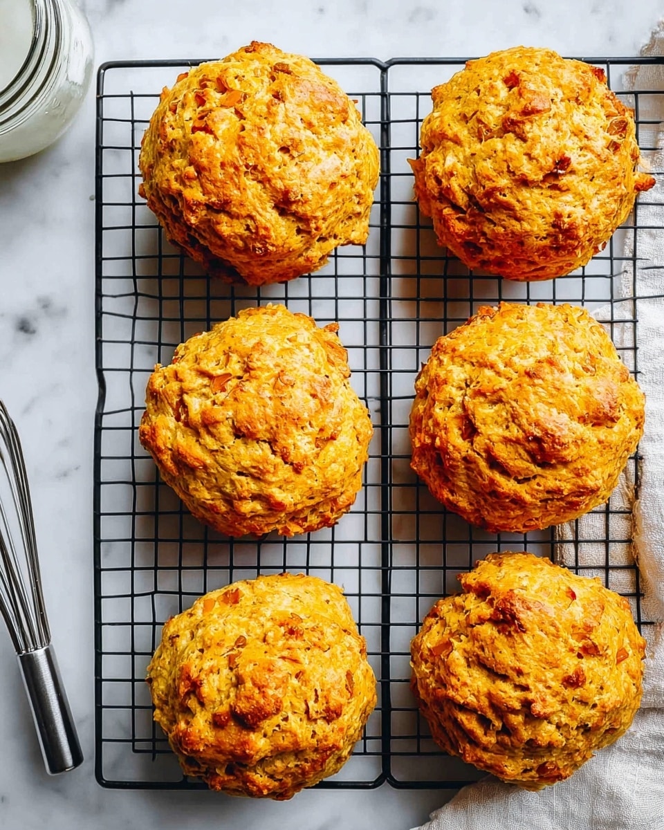 Six golden orange scones with a rough, textured surface are cooling on a black wire rack. Each scone is round and slightly cracked on top, showing a dense, crumbly texture inside. The wire rack sits on a white marbled surface with some baking tools partly visible on the left side, including a whisk and a glass jar. The overall look is warm and fresh, highlighting the scones as the main focus. photo taken with an iphone --ar 4:5 --v 7