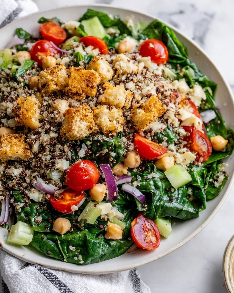 A round white plate with a gold rim holds a fresh salad featuring a mix of green spinach leaves, small red cherry tomato halves, diced pale green cucumber pieces, chickpeas, and a generous layer of mixed quinoa grains spread evenly throughout. On top, golden brown croutons with a crispy texture are scattered. Finely chopped red onions and fresh herbs are mixed in, adding small pops of purple and green. Two metal forks rest on the plate's left side. The plate is set on a white marbled surface with a beige linen napkin folded to the top right and a white bowl with yellow dressing positioned at the lower right. Photo taken with an iphone --ar 4:5 --v 7