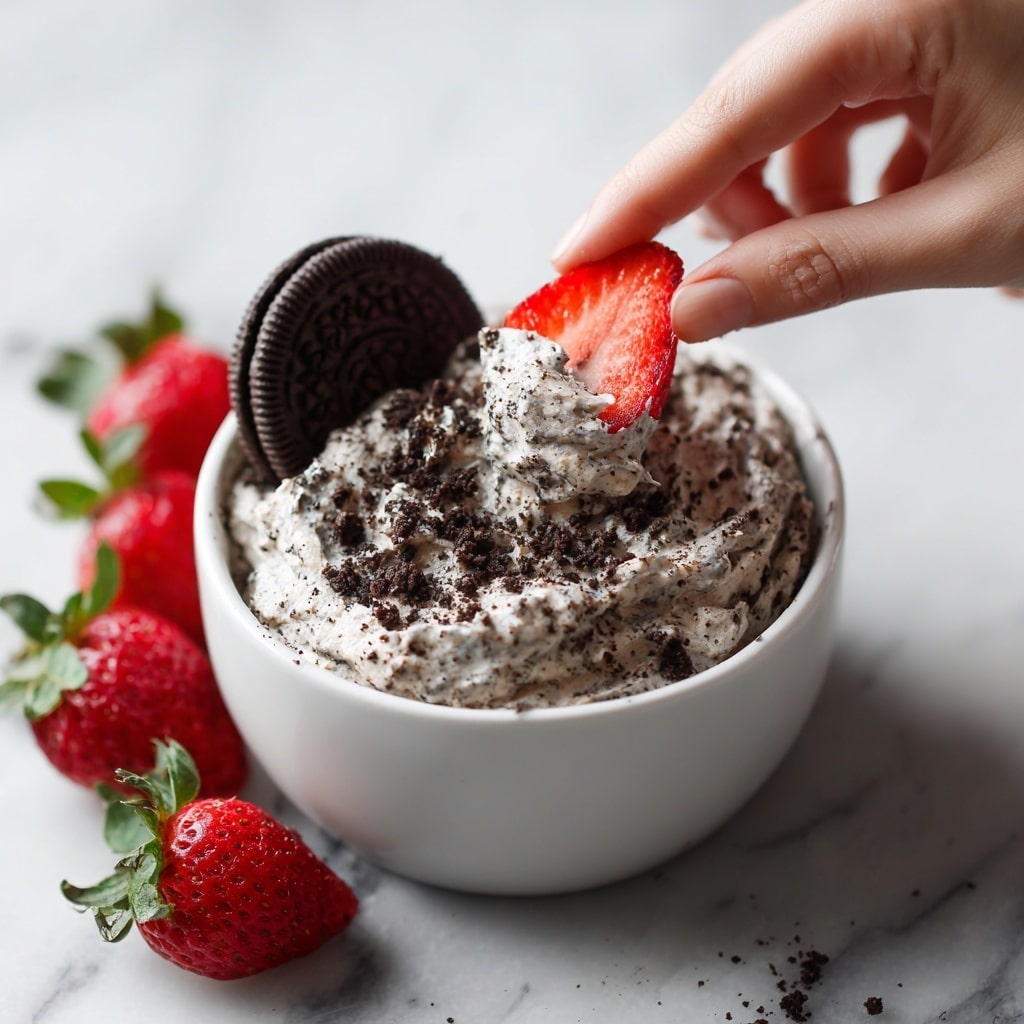 A white bowl filled with a thick, creamy dip mixed with crushed dark chocolate cookies, creating a speckled grey and black texture throughout. The surface is uneven and fluffy, with a whole dark chocolate cookie standing upright on the left side. A woman's hand holds a bright red strawberry slice, pressing it into the dip on the right side. Around the bowl, whole and sliced strawberries with green leaves are scattered on a white marbled surface, adding bright red and green colors to the scene. Photo taken with an iphone --ar 4:5 --v 7