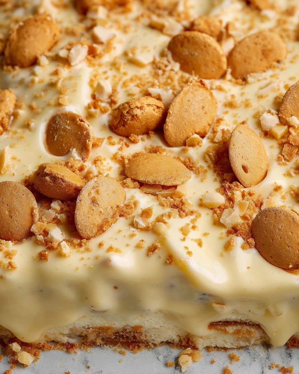 This image shows a close-up of a creamy dessert with a soft, moist, light beige bread layer soaked in a thick, pale yellow custard sauce. The top is sprinkled with golden-brown, small crunchy wafer pieces scattered unevenly across the creamy surface. A single piece has been pulled away slightly, revealing the soft texture of the bread soaked in the sauce underneath. The dessert sits on a white marbled textured background. photo taken with an iphone --ar 4:5 --v 7