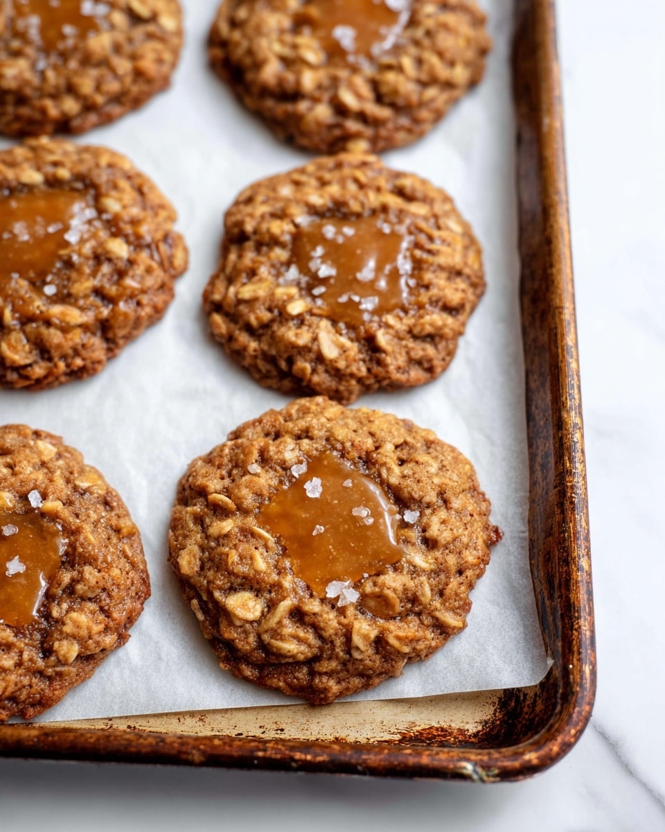 A close-up view of several round oatmeal cookies with a slightly rough, golden-brown texture sitting directly on a white marbled surface. Each cookie has a glossy caramel center that looks sticky and shiny, surrounded by the crumby textured edges filled with visible oats. Small grains of sea salt are sprinkled on top of the caramel, giving a glossy and sparkly effect. The cookies overlap each other slightly and fill most of the left half of the image, with one cookie partially visible on the right side. photo taken with an iphone --ar 4:5 --v 7