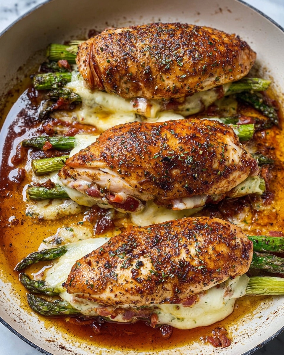 The image shows two stuffed chicken breasts in a round white pan. Each chicken breast is browned with black pepper and spices on top, showing a crispy, golden-brown texture. The middle layer of the chicken is melted white cheese, visible where the breasts are slightly open. Green asparagus tips stick out from the cheese inside the chicken, adding a fresh green color. The pan has orange-colored oil or sauce at the bottom that looks slightly spicy, with some small bits of cooked ingredients mixed in. The pan sits on a white marbled surface. photo taken with an iphone --ar 4:5 --v 7