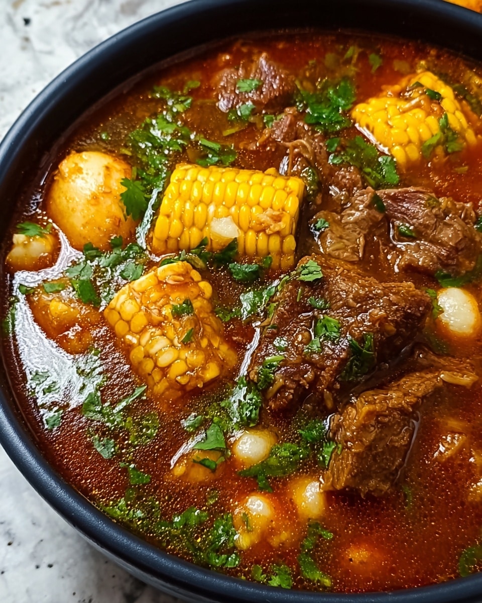 A deep black bowl filled with a rich, thick soup showing multiple layers: the base layer is a reddish-brown broth with a slightly oily texture, mixed with light yellow and orange diced vegetables like carrots and corn; the middle layer holds tender chunks of brown meat and green beans; scattered on top are small, irregularly shaped yellow dumplings and fresh green cilantro leaves adding brightness. The bowl is set against a background of white marbled texture with a yellow basket holding red tomatoes and green cilantro in the corner. Photo taken with an iphone --ar 4:5 --v 7