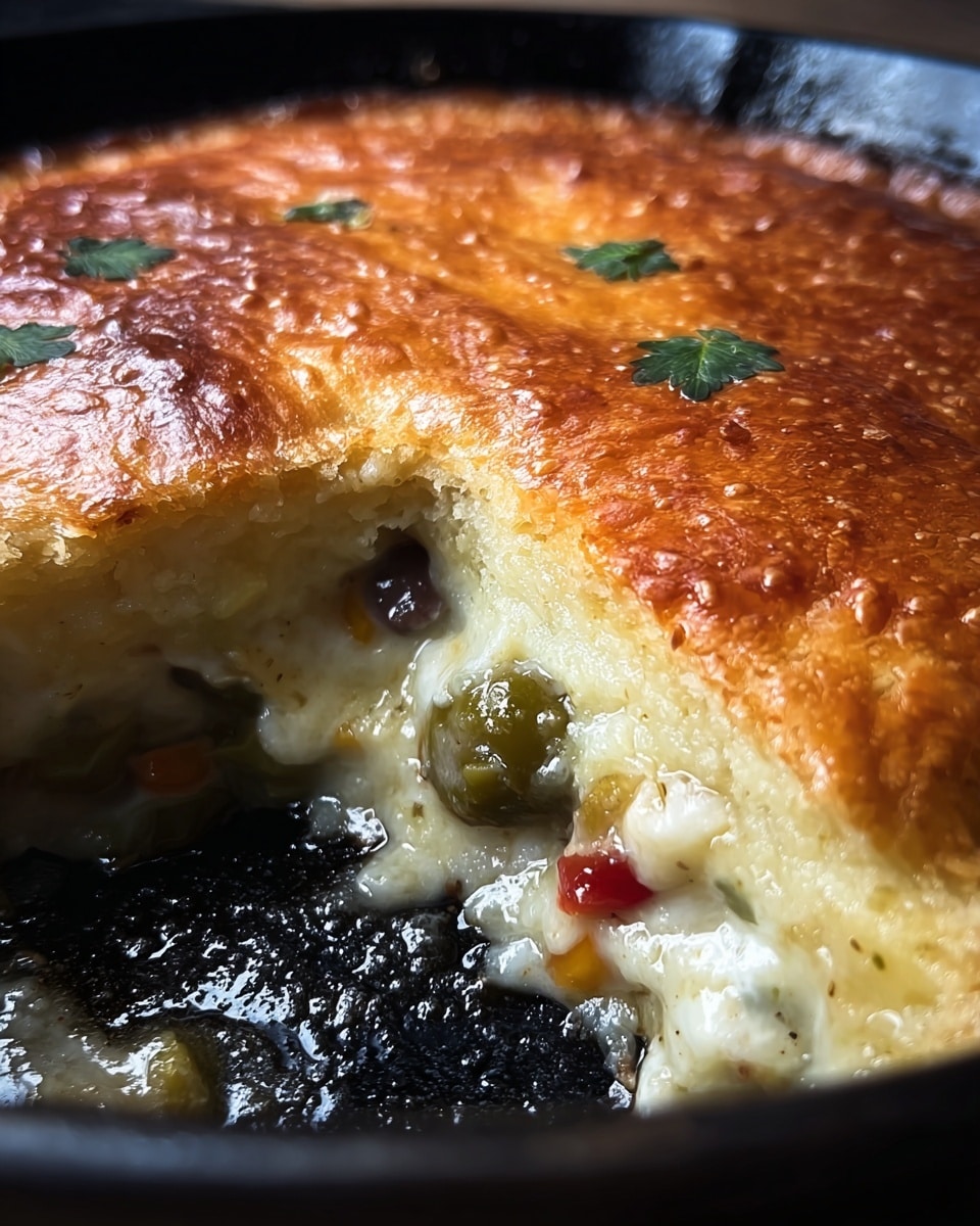 The image shows a close-up of a pot pie with one piece missing, revealing three layers: the top layer is a golden brown, slightly shiny crust with a few small green leaves sprinkled on top, the middle layer is a gooey, melted white cheese mixed with pieces of green olives and small red bits, and the bottom layer is the dark, glossy base of the black baking dish holding the pie. The crust looks soft and crumbly while the filling appears creamy and moist. photo taken with an iphone --ar 4:5 --v 7