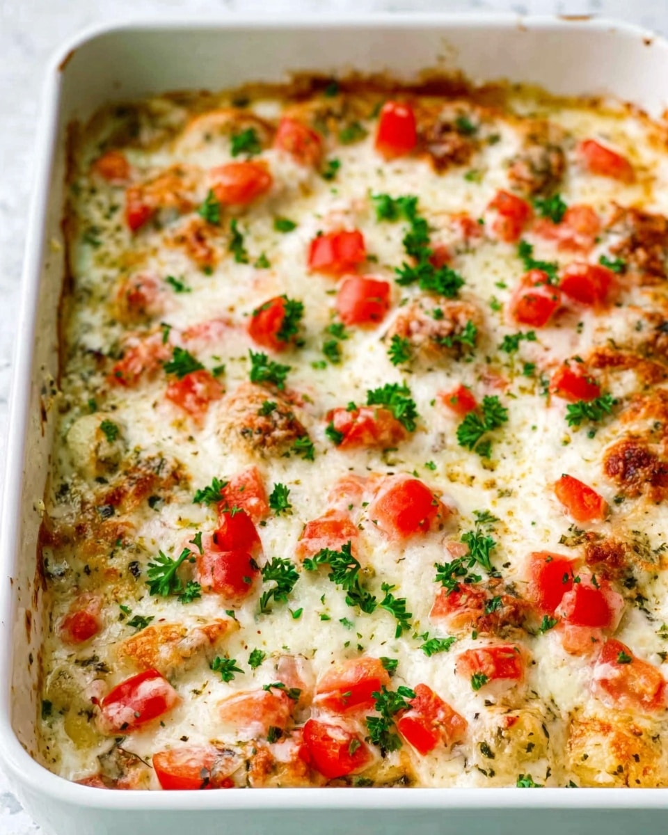 The dish is a baked casserole in a white rectangular dish filled with three layers: the bottom layer is a creamy sauce with visible herbs, the middle layer features small round pieces of golden-brown cooked pasta or vegetables, and the top layer is covered with melted white cheese, melted golden and bubbly in spots, scattered with diced red tomatoes and chopped fresh green parsley evenly spread across the surface. The edges of the dish have browned cheese and bits of herbs. The white marbled surface is seen beneath the dish. photo taken with an iphone --ar 4:5 --v 7