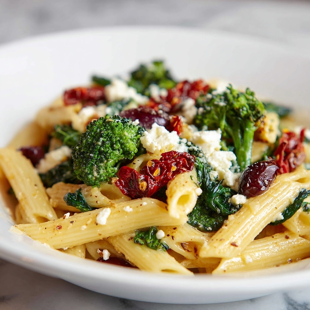 The image shows a close-up of a pasta dish with three main layers: the bottom layer is pale yellow penne pasta with a slight shine, the middle layer includes dark green spinach leaves and broccoli florets, and the top layer features crumbled white feta cheese, deep purple olives, and bright red sun-dried tomatoes scattered evenly across. Small red chili flakes and a light oil glaze give some texture and added color on the pasta and vegetables. The dish is presented on a white plate set on a white marbled surface. photo taken with an iphone --ar 4:5 --v 7