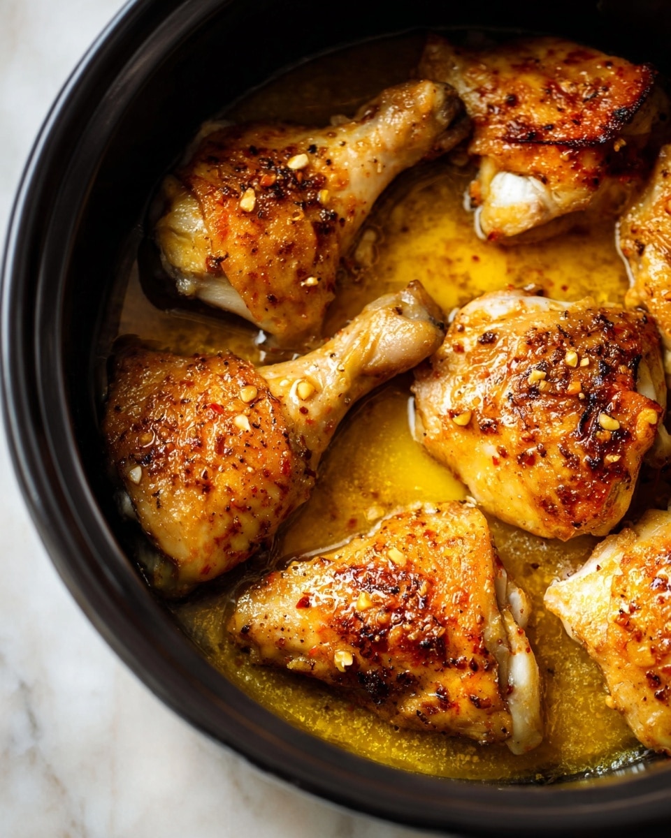 The image shows a close-up of six pieces of cooked chicken, including drumsticks and thighs, placed inside a black round cooking pot. Each chicken piece has a golden-brown crispy skin sprinkled with small bits of garlic and reddish seasoning, showing a slightly rough texture. The chicken sits in a shallow pool of golden-yellow broth mixed with oil, giving a glossy shine to the meat. The background surface beneath the pot is a white marbled texture. photo taken with an iphone --ar 4:5 --v 7