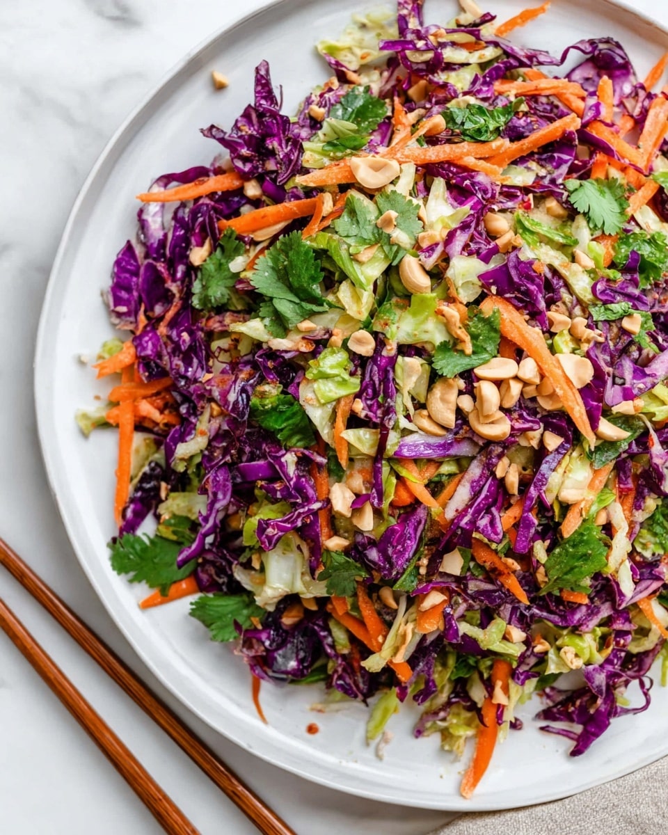 A close-up image of a white plate filled with a colorful salad made of thinly sliced purple cabbage, orange carrot sticks, light green chopped lettuce, and small pieces of cilantro. The salad is topped with small beige peanut pieces. The plate sits on a white marbled texture surface with wooden chopsticks placed nearby. photo taken with an iphone --ar 4:5 --v 7