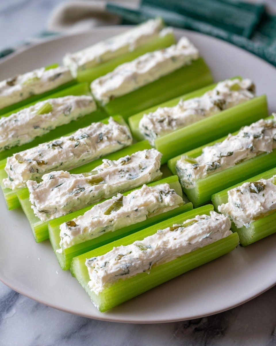 The image shows three celery sticks on a clean white plate, each cut into quarter-length segments and filled with a creamy white mixture that contains small pieces of green and black olives. The celery sticks are a light green with a firm, crisp texture visible in the stalks. Behind the plate, a glass dish is partially visible, filled with similar celery and cream sticks lined up closely. The scene is set on a white marbled surface with a blue and white striped cloth underneath the plate, adding a cozy touch. photo taken with an iphone --ar 4:5 --v 7