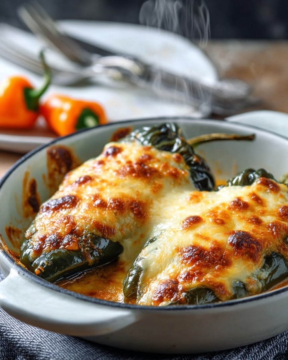 Two large stuffed green peppers are covered with a thick layer of melted cheese that is golden brown and bubbly on top, showing some darker toasted spots. The peppers rest in a white bowl with creamy, slightly browned sauce pooling around them. Steam rises gently from the hot dish, enhancing the fresh, just-cooked look. The bowl is placed on a gray cloth over a white marbled surface, with blurry orange peppers and silver forks in the background. Photo taken with an iphone --ar 4:5 --v 7