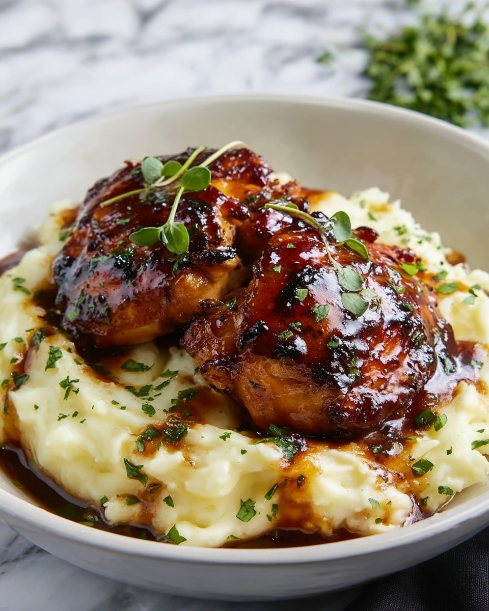 The image shows a close-up of a dish with two layers arranged in a white bowl. The bottom layer is creamy mashed potatoes, smooth and slightly fluffy with a light yellow color, garnished with small green herb pieces. The top layer has two pieces of dark golden brown roasted chicken thighs, glazed with a shiny, sticky sauce that has a caramelized black char in places and sprinkled with fresh green herbs. The bowl is set on a white marbled texture surface with some green herbs blurred in the background. The overall look is rich and hearty, with a shiny moist texture on the chicken contrasting the soft mashed potatoes. photo taken with an iphone --ar 4:5 --v 7