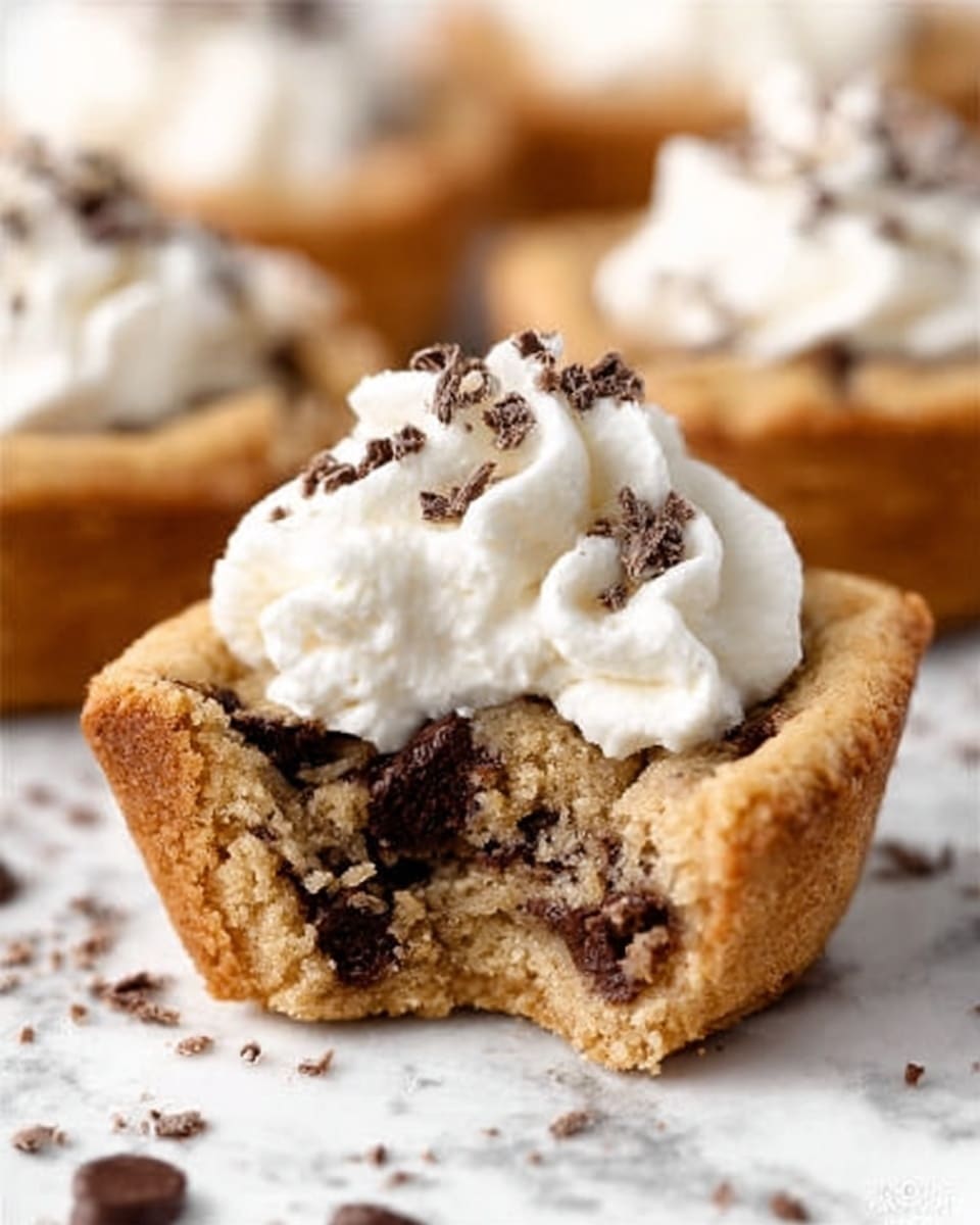 The image shows a close-up of a woman's hand holding a mini cupcake that is cut in half, revealing two layers inside: the bottom layer is light brown with visible chocolate chips, and the top layer is a thick, smooth white frosting topped with a few dark brown chocolate chips. Below, on a white plate with a white marbled texture surface, there are several whole mini cupcakes with the same light brown base, fluffy white swirled frosting, and dark brown chocolate chips scattered on top. Photo taken with an iphone --ar 4:5 --v 7