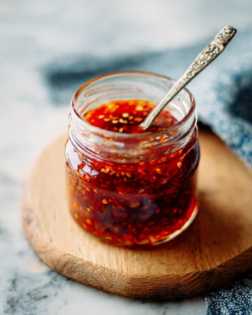 A clear glass jar filled with a deep red chili sauce that has visible chili seeds and oil floating on top, giving the sauce a shiny, slightly oily surface texture. The sauce layer is thick and fills the jar completely, with the rich red color showing a mix of darker red chili flakes and brighter red oil spots. The jar sits on a white marbled surface beside a wooden spoon and two red chili peppers. A woman's hand slightly holding or near the jar is visible along the side. Photo taken with an iphone --ar 4:5 --v 7