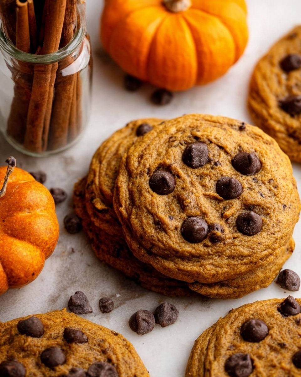 The image shows a close-up of several large pumpkin chocolate chip cookies placed on a white marbled surface. Each cookie has two visible layers with a soft, slightly bumpy texture in a warm brown-orange color, sprinkled with dark chocolate chips on top. To the left, there is a small glass jar filled with rolled cinnamon sticks standing upright, and to the right, a bright orange pumpkin adds a pop of color. The overall scene has a cozy and autumn feel with warm tones and a soft look. Photo taken with an iphone --ar 4:5 --v 7