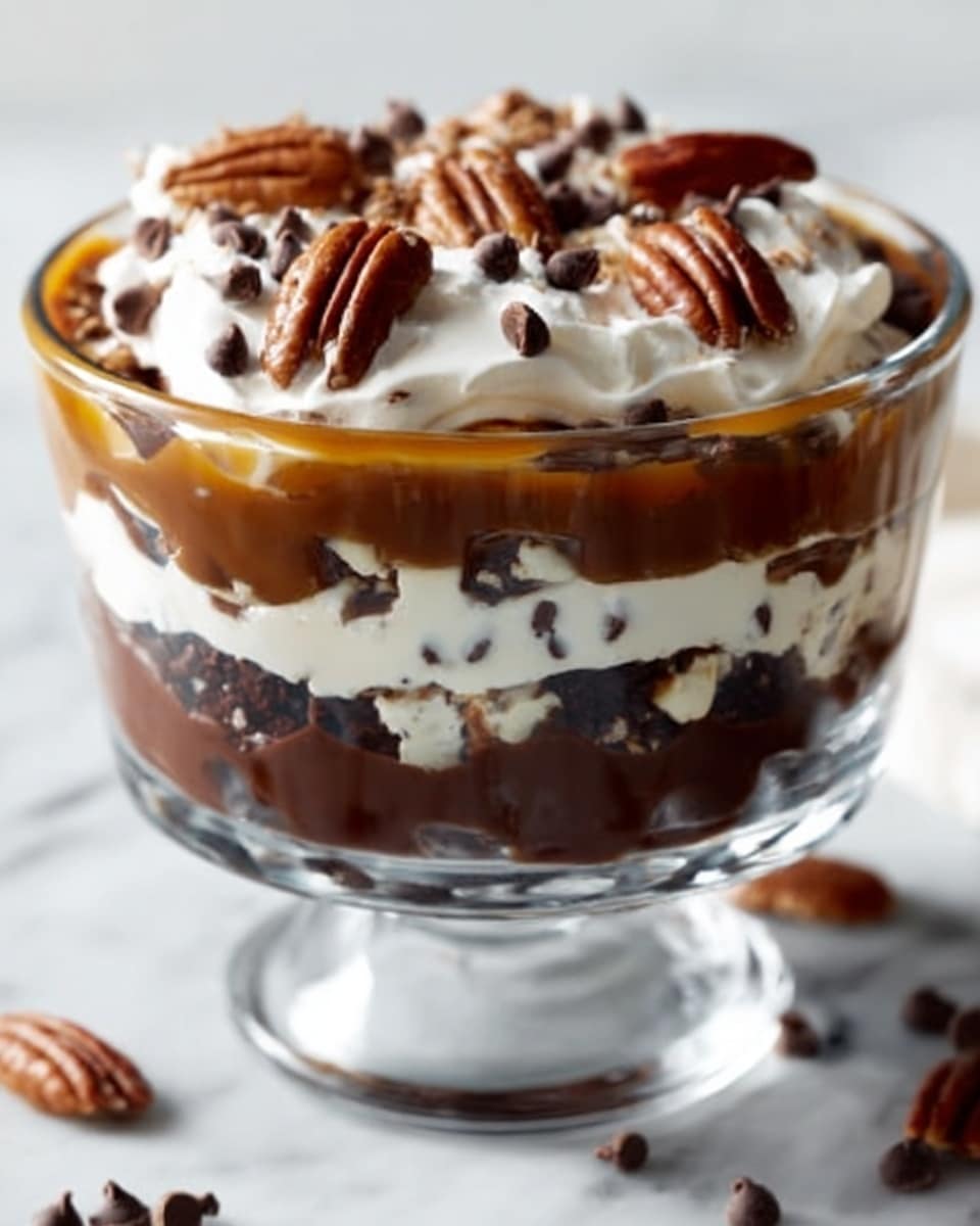 A clear glass bowl holds a rich layered dessert set on a white marbled texture. The bottom layer is thick, dark chocolate with a smooth texture. Above it is a fluffy white layer dotted with pieces of pecans. On top of this is a thin, crunchy chocolate layer mixed with nut bits. Above that is another white creamy layer, lightly drizzled with caramel that seeps slightly down the sides. The dessert is finished with a topping of whole pecans and scattered chocolate chips. Around the bowl on the white marbled texture surface, there are some chocolate chips and pecans placed randomly. Photo taken with an iphone --ar 4:5 --v 7