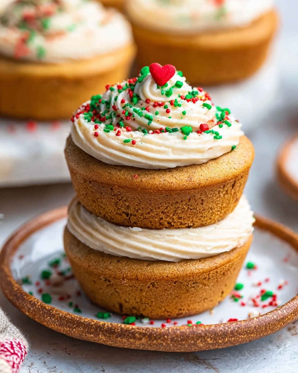 The image shows a close-up of two golden brown cupcakes stacked on top of each other on a white speckled plate. Each cupcake has a thick swirl of white frosting with a smooth, creamy texture. The frosting is decorated with red, green, and white sprinkles shaped like tiny rods and small round dots. The surface under the plate is a white marbled texture. The photo has a bright and clear look that highlights the soft texture of the cupcakes. Photo taken with an iphone --ar 4:5 --v 7