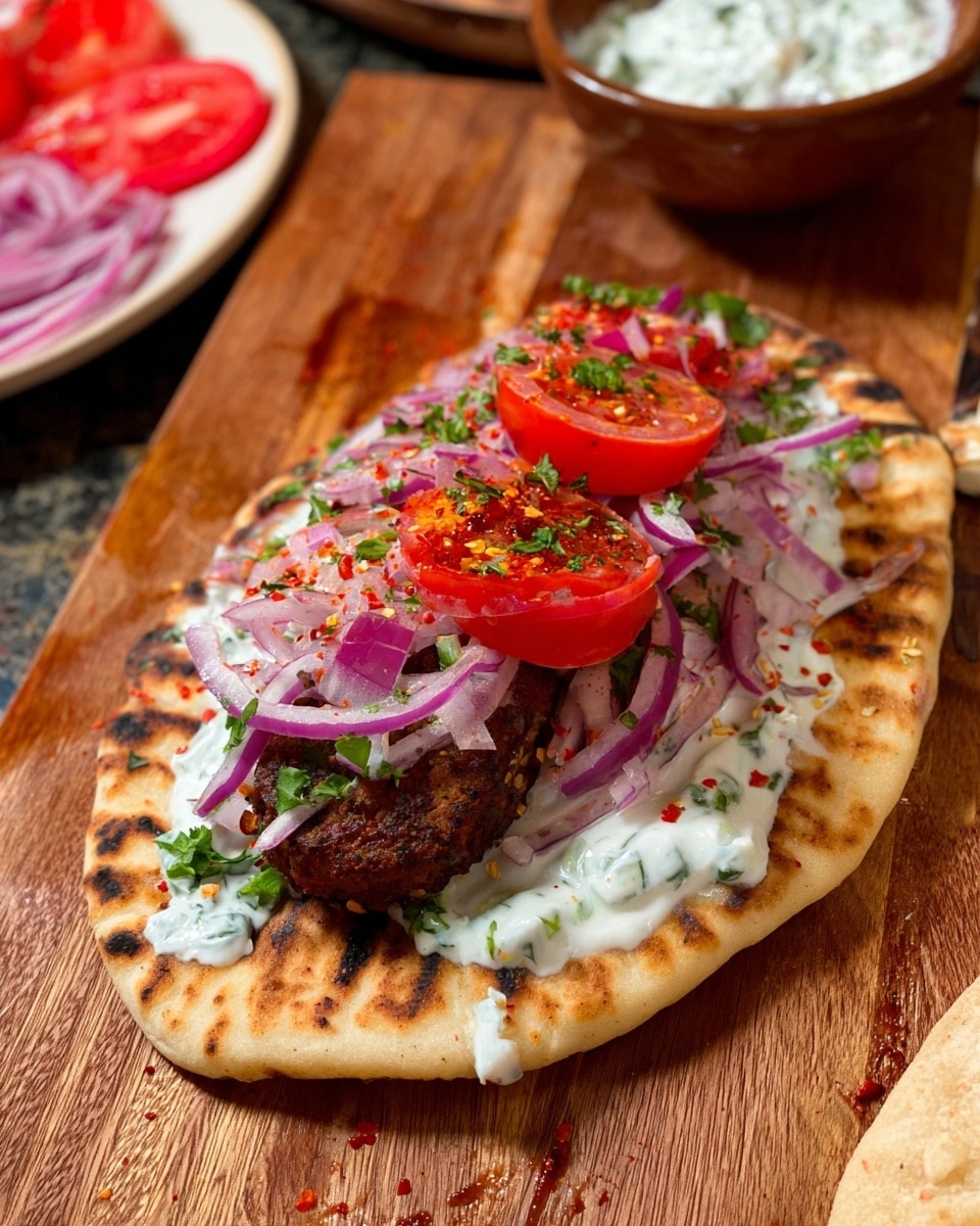 A flat white pita bread with a slight char on the edges lies open on a wooden board, spread with a creamy white sauce mixed with green herbs as the first layer. On top sits a browned, crispy falafel patty, followed by thin slices of red onion mixed with chopped green herbs and dressed lightly, covering half of the patty and spreading out. The final layer is three bright red tomato slices placed neatly along the center, sprinkled with red chili flakes and bits of green herbs. In the background, a white marbled surface holds a white plate with additional sliced tomatoes and onion, and a brown ceramic bowl filled with a white creamy sauce dotted with green herbs. photo taken with an iphone --ar 4:5 --v 7