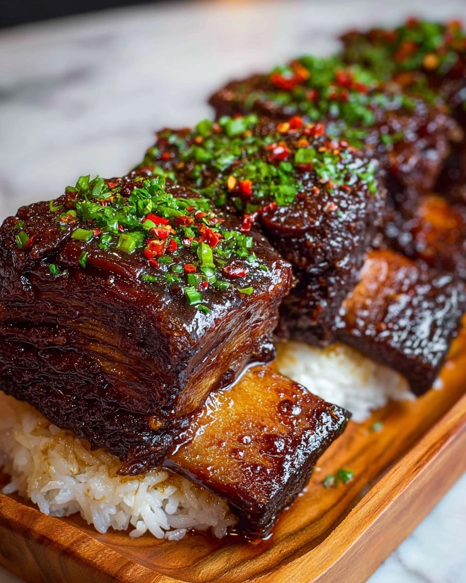 The image shows thick, glazed pieces of braised beef ribs with a dark, sticky, caramelized outer layer. Each piece has visible layers of tender meat and fat, with a rich brown color and a shiny texture from the glaze. The ribs rest on a bed of white rice, which contrasts with the dark meat. The ribs are topped with finely chopped green herbs and small red chili flakes, adding color and freshness. The dish is placed on a wooden tray, which is set against a white marbled surface. photo taken with an iphone --ar 4:5 --v 7