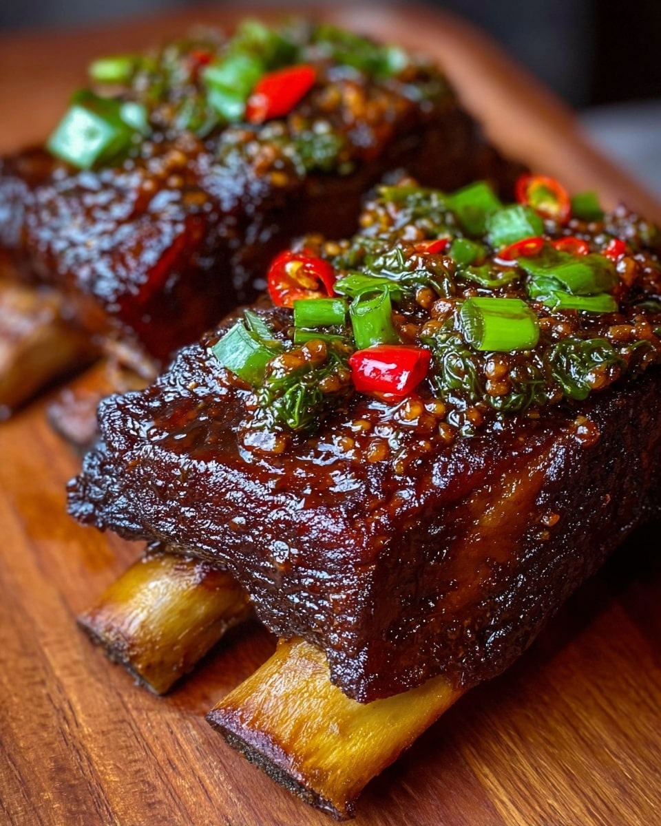 Two thick pieces of dark brown glazed ribs sit side by side on a wooden surface. Each rib shows a rich, shiny, caramelized crust that looks crispy and sticky. A layer of glossy sauce, dotted with tiny bits, covers the ribs. On top, there are bright green pieces of cooked spring onion and some small cuts of red chili peppers, adding a fresh and colorful contrast. The ribs reveal a visible bone at the bottom with a lighter brown hue. The close-up view highlights the texture and juiciness of the dish. Photo taken with an iphone --ar 4:5 --v 7
