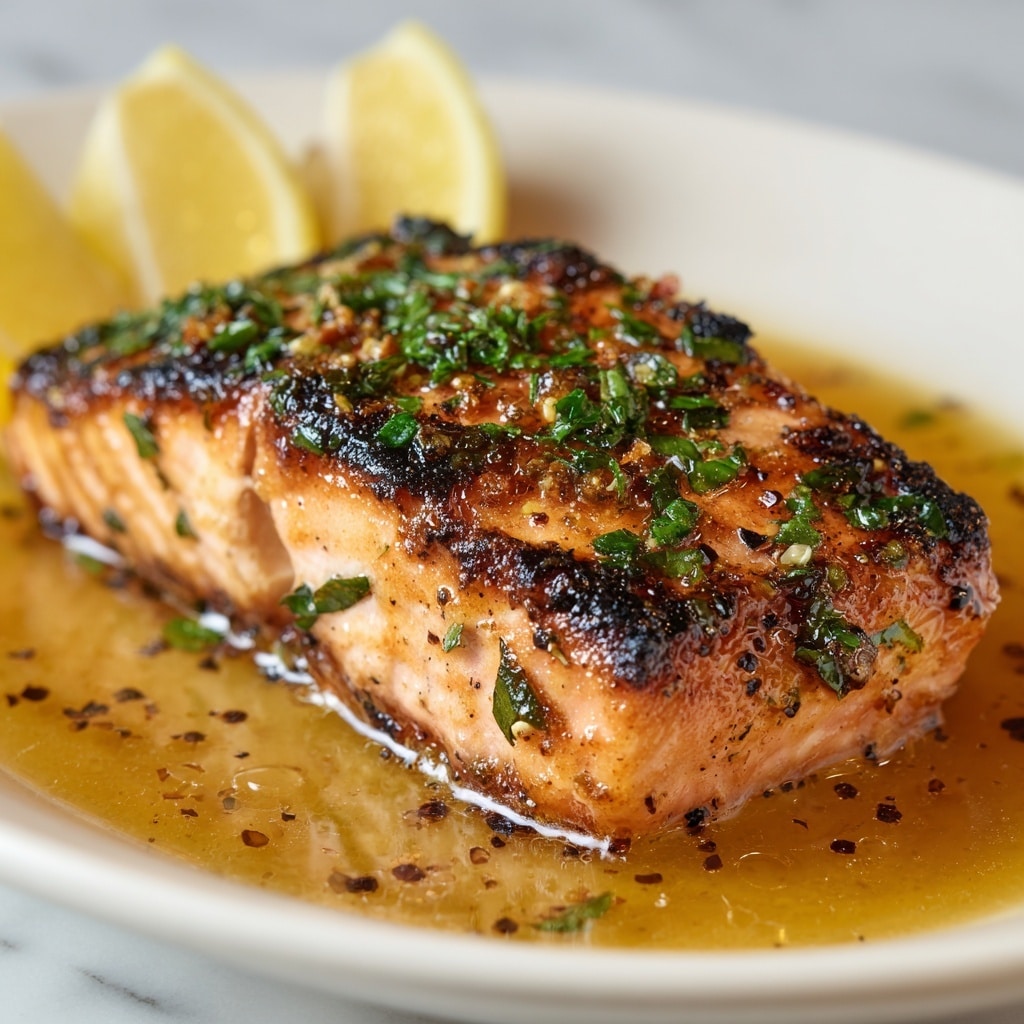 A close-up of a single piece of grilled salmon with a crispy, golden-brown top layer speckled with small black char marks and sprinkled with fresh, chopped green herbs, sitting in a shallow pool of glossy, amber-colored sauce. The salmon has a moist, flaky texture with visible white flesh along the sides, and two blurred lemon wedges placed in the background on a white marbled surface. photo taken with an iphone --ar 4:5 --v 7