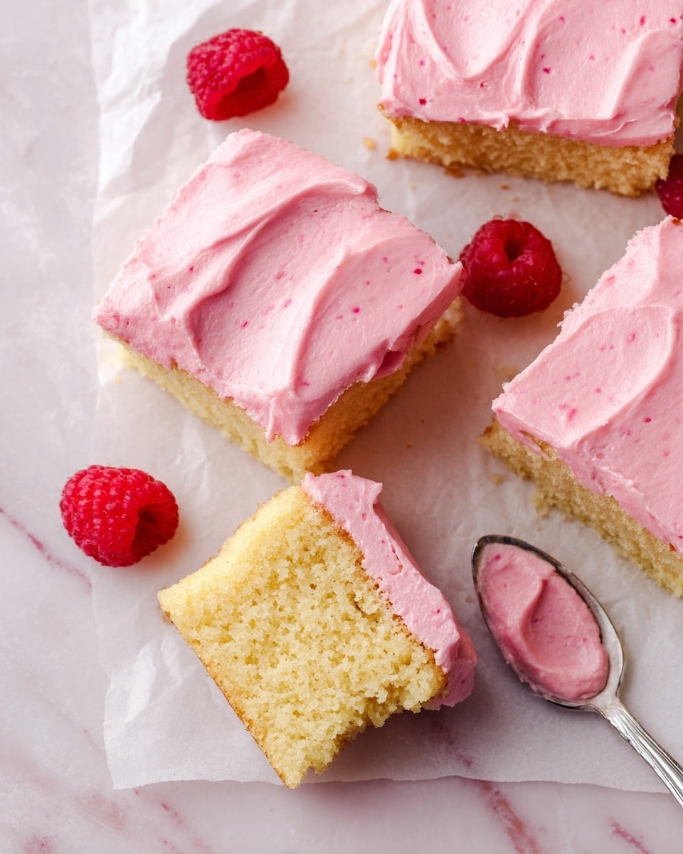 The image shows three square pieces of yellow cake with one piece cut in half to reveal the soft, moist texture inside. Each piece has a thick layer of smooth pink frosting on top, with visible tiny specks, giving it a creamy look. The cakes are placed on parchment paper on a white marbled surface. Around the cakes are three fresh red raspberries, adding a pop of color. A silver spoon with some pink frosting rests nearby. photo taken with an iphone --ar 4:5 --v 7