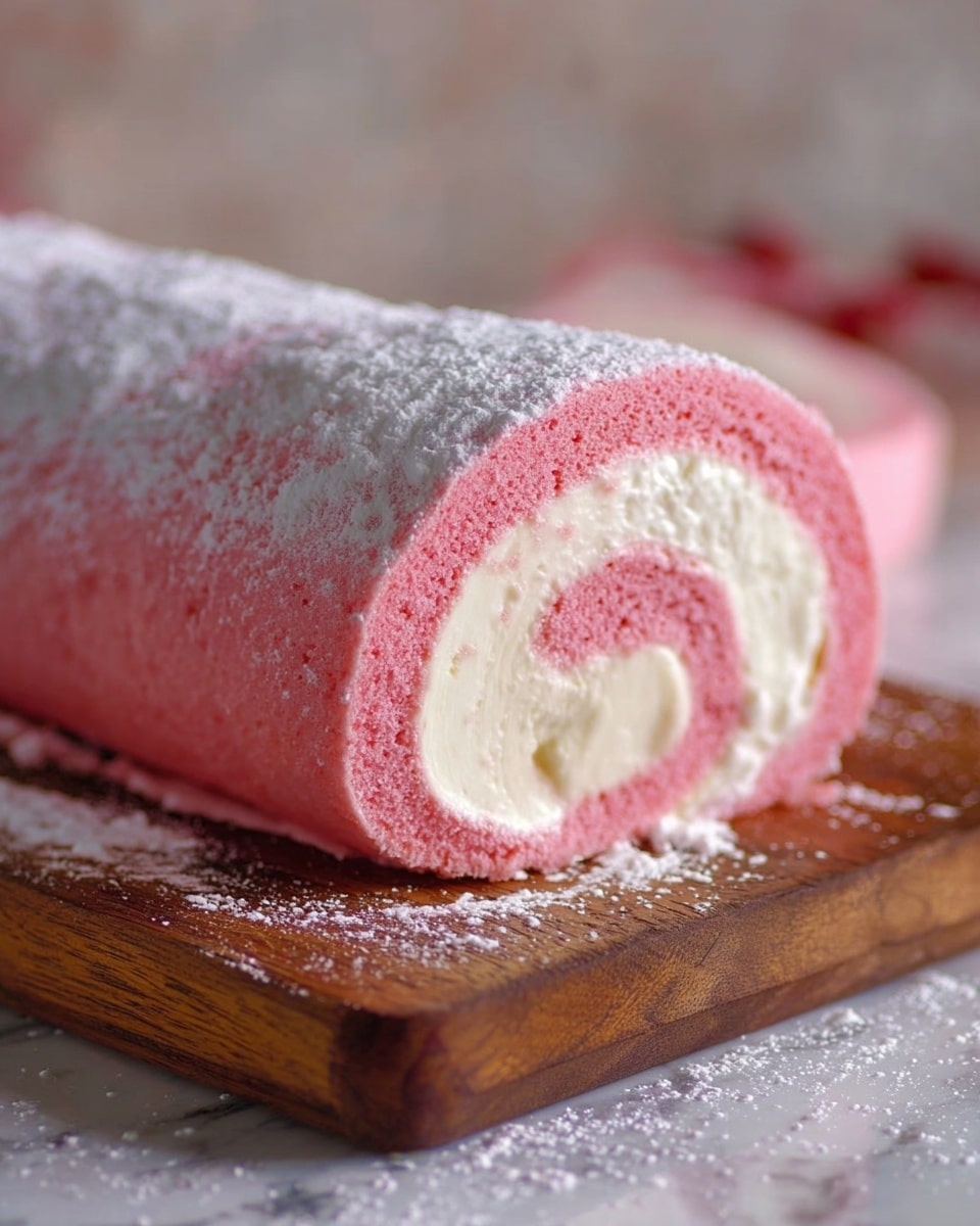 A close-up view of a pink Swiss roll cake sliced to show three layers: the outer pink sponge layer with a soft, fluffy texture; a thick inner creamy white layer spiraled evenly inside; and a small core of creamy white filling in the center. The cake is dusted lightly with powdered sugar on top and sits on a wooden board. The background is softly blurred with hints of red and green colors. photo taken with an iphone --ar 4:5 --v 7