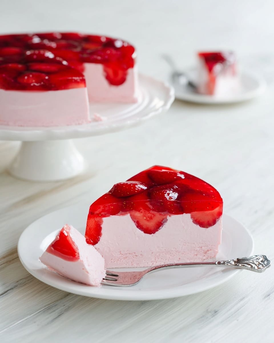 A slice of a two-layer strawberry dessert sits on a white plate over a white marbled surface. The bottom layer is a thick, light pink mousse with a smooth and airy texture. The top layer is a glossy, deep red strawberry jelly filled with visible halved strawberries, creating a shiny and slightly translucent surface. A small piece has been cut from the mousse layer, with a silver fork resting on the plate near this bite. In the background, the full dessert with the same two layers sits on a white cake stand, with another slice on a white plate further back, all on the same white marbled surface. Photo taken with an iphone --ar 4:5 --v 7