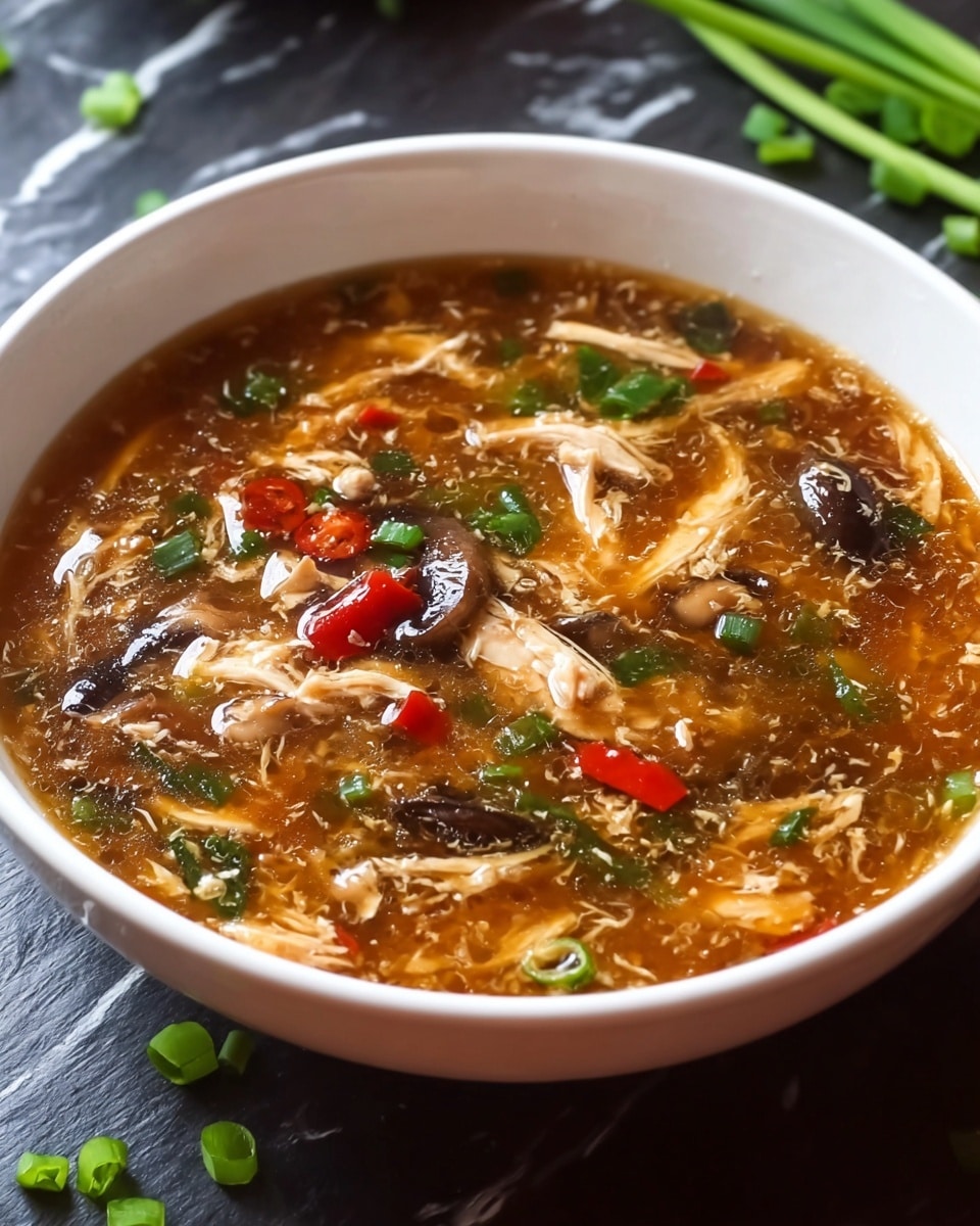A white bowl filled with thick hot and sour soup, showing a rich brown broth with scattered soft white egg ribbons throughout. Bright green chopped scallions float on the top layer, adding color contrast, alongside small dark mushrooms and hints of red chili pieces mixed inside. The soup has a shiny surface reflecting light, and the bowl sits on a white marbled texture surface with a few blurred green and red items in the background. photo taken with an iphone --ar 4:5 --v 7