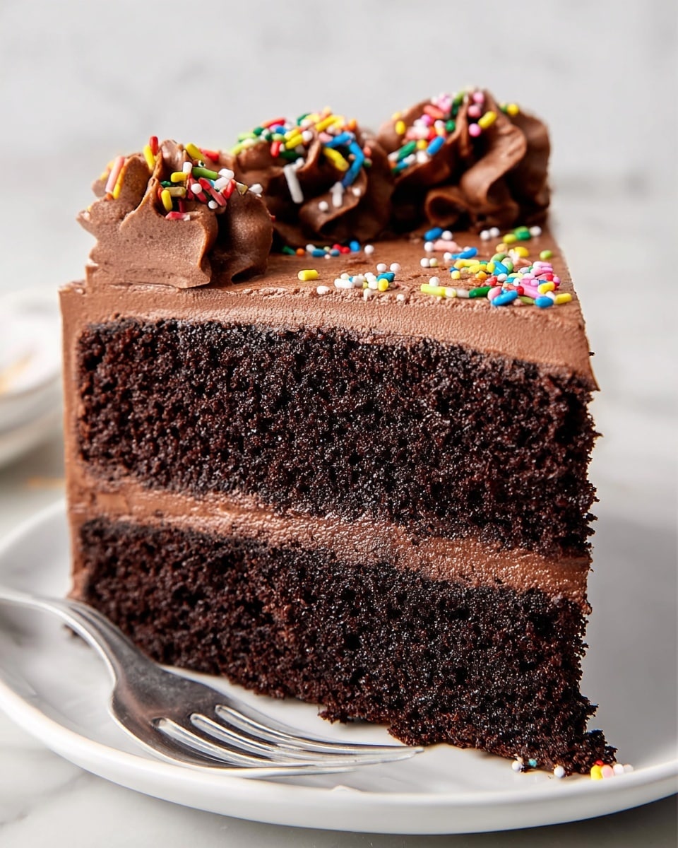 A close-up of a two-layer chocolate cake slice on a white plate, set against a white marbled texture background. The bottom layer is dark, moist chocolate cake with a thick, smooth dark chocolate frosting in the middle. The top layer is a lighter, fluffy chocolate cake covered with a thick, creamy chocolate frosting that is evenly spread with a slight wave texture. On the top edge, there are two swirls of chocolate frosting decorated with colorful sprinkles in red, yellow, green, blue, white, and pink. A silver fork lies in front of the plate. photo taken with an iphone --ar 4:5 --v 7