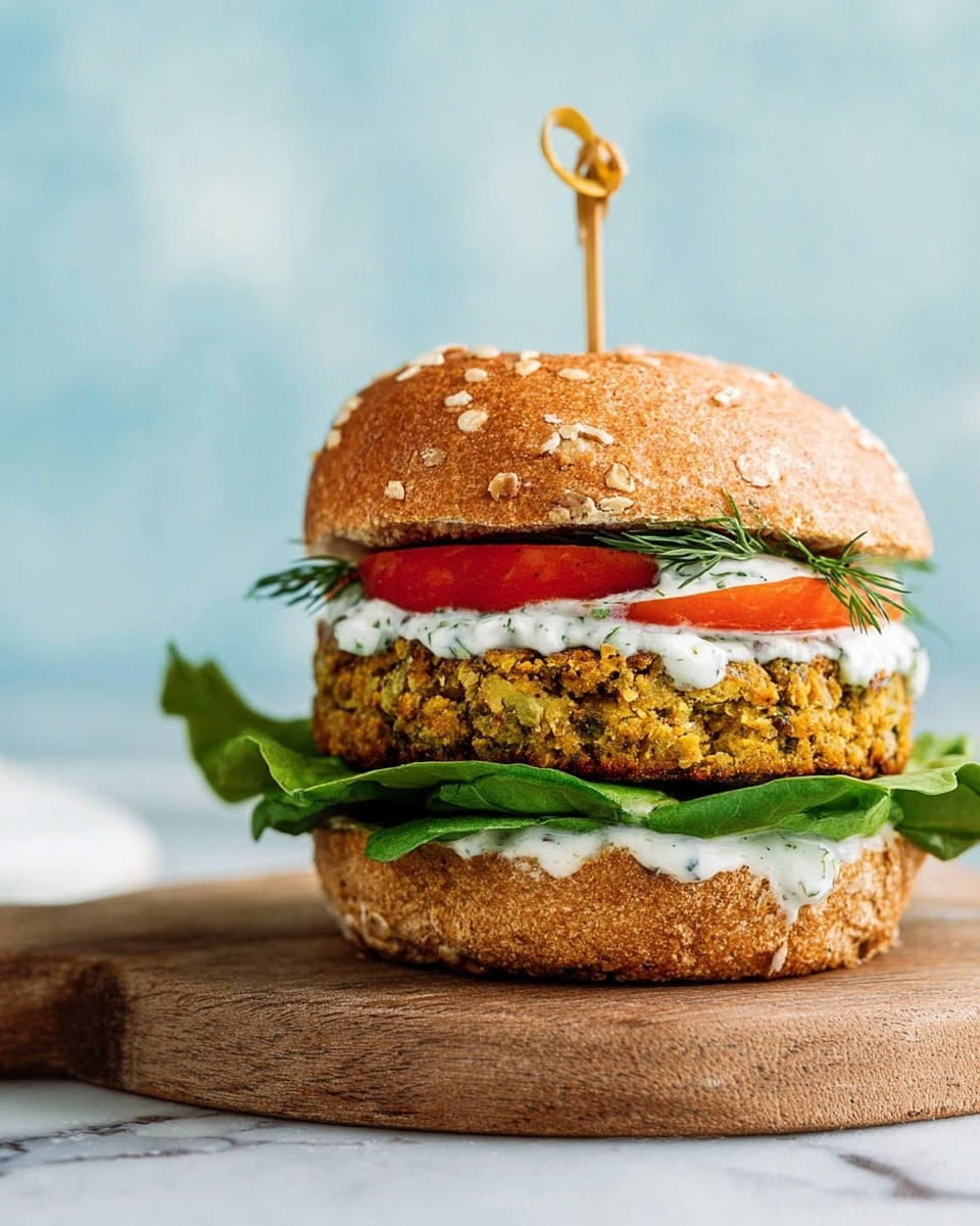 A sandwich with five clear layers sits on a wooden board against a soft blue background; starting from the bottom, there is a golden brown seeded bun base with a crumbly texture, topped with bright green leafy lettuce that curls gently at the edges. Above the lettuce are two thick, vibrant red tomato slices with a smooth surface, followed by a creamy white sauce spread thinly. The central layer is a large, round, golden-brown falafel patty with a coarse, crunchy texture dotted with sesame seeds and herbs, partially covered with a white, herb-speckled sauce that also shows fresh green dill sprigs on top. The sandwich is finished with a matching golden brown seeded bun top, pierced vertically by a wooden skewer with a looped end. The setting includes a white marbled surface beneath the board. photo taken with an iphone --ar 4:5 --v 7