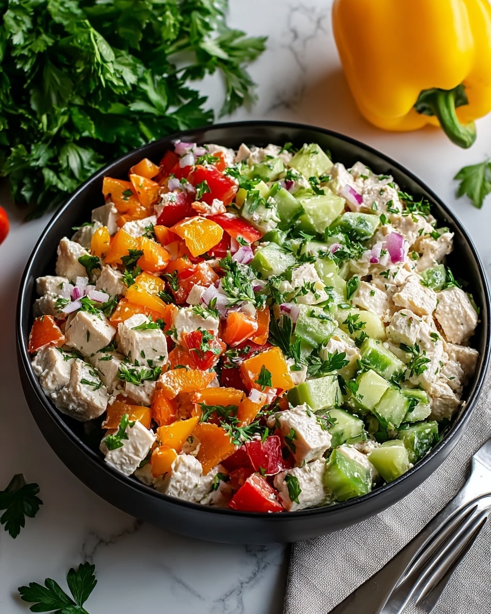 A close-up image of a fresh salad in a grey bowl showing three main layers: the base layer of chopped cucumbers with a glossy green skin and a matte light green inside; the middle layer of diced ripe tomatoes in red and orange shades with smooth, shiny surfaces; topped with chunks of crumbly white cheese scattered throughout. Tiny pieces of chopped green herbs are sprinkled all over the salad, and a sprig of flat parsley decorates the center. The bowl sits on a white marbled surface with some parsley leaves and halved tomatoes placed around it. photo taken with an iphone --ar 4:5 --v 7