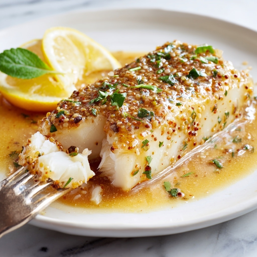 A close-up of a cooked fish fillet covered with a shiny, light brown sauce with visible grainy mustard seeds and small green herb pieces scattered on top; the fish is white and flaky, with one piece flaked off showing its tender texture. The fillet sits on a white plate with a light pool of sauce surrounding it, and a bright yellow lemon wedge with a green leaf garnish rests to the side. A fork pulls at the fish near the front, showing delicate layers of the fish inside. The background is a white marbled texture. Photo taken with an iphone --ar 4:5 --v 7