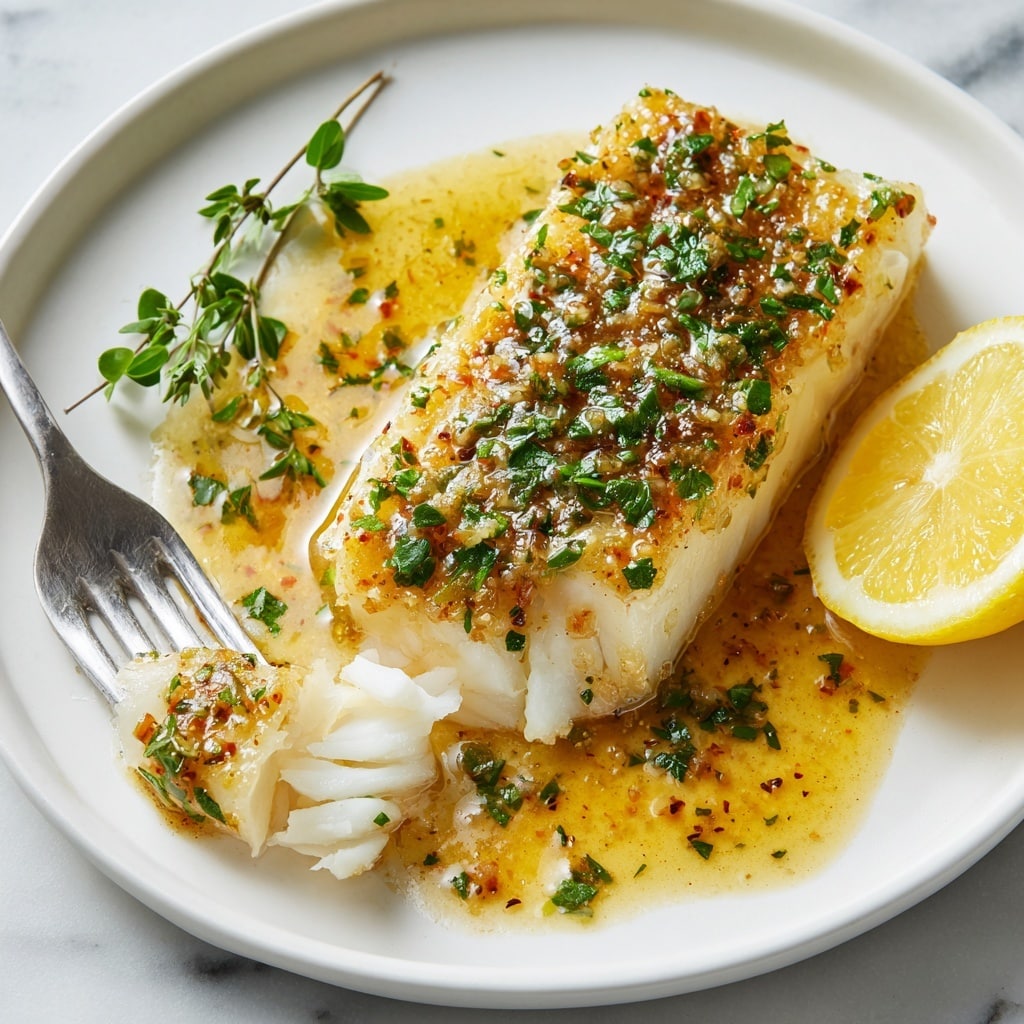 A white plate holds a piece of white fish fillet covered with a golden brown sauce that is slightly grainy and shiny, with small green chopped herbs sprinkled on top. The fish is flaky, revealed by a silver fork breaking a piece from the front left side, showing the soft, steamed white layers inside. To the right of the fish, there is a bright yellow lemon wedge and a small sprig of green herbs. The plate sits on a white marbled surface. photo taken with an iphone --ar 4:5 --v 7