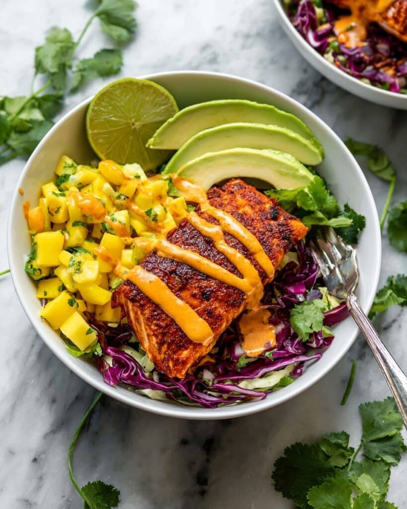 Fish Taco Bowls with Mango Salsa, Cilantro Slaw, and Chipotle Aioli Recipe