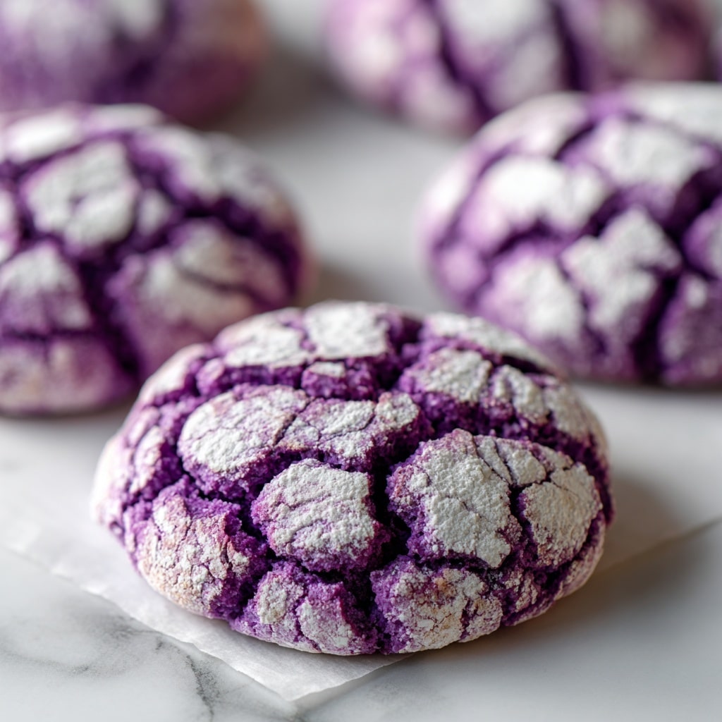 The image shows round purple crinkle cookies with a cracked surface, dusted heavily with white powdered sugar that fills the cracks and covers the tops. The cookies have a bright purple base color visible through the irregular white cracks. They are arranged on a baking tray lined with white parchment paper, placed on a white marbled surface. The cookies are closely spaced, with one cookie in the foreground appearing larger and in clearer focus, showcasing its texture and powdered sugar details. The overall texture is soft and slightly puffy with deep, jagged cracks on top. photo taken with an iphone --ar 4:5 --v 7